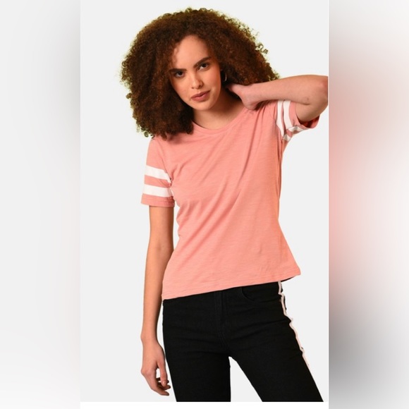 Campus Sutra Women Casual T-Shirt Sz Small Pink/White Arm Stripes New with Tags - Picture 1 of 6